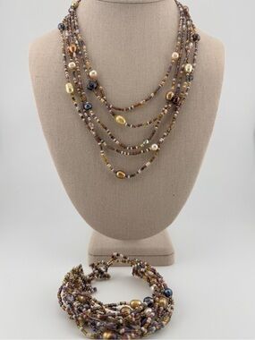 Multi-Strand Seed Bead & Pearl Necklace & Bracelet Set